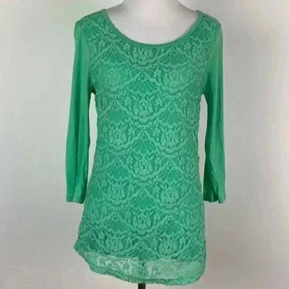 Ann Taylor loft top XS green floral lace overlay - Picture 1 of 8